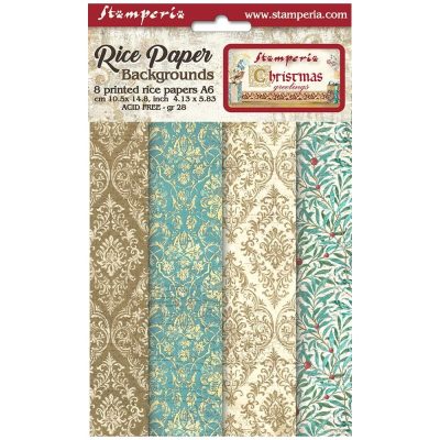 Stamperia - Christmas Greetings Rice Paper Selection 8 Ricepapers Backgrounds A6 (DFSAK6008)