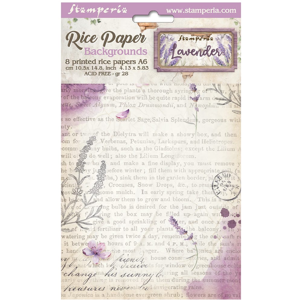 Stamperia - Lavender Rice Paper Selection 8 Rice Paper Backgrounds A6 (DFSAK6024)